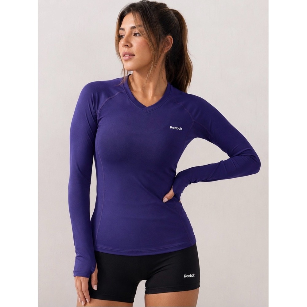 Reebok Womens PlayDry Long Sleeve V-Neck Athletic Training Top Purple Medium